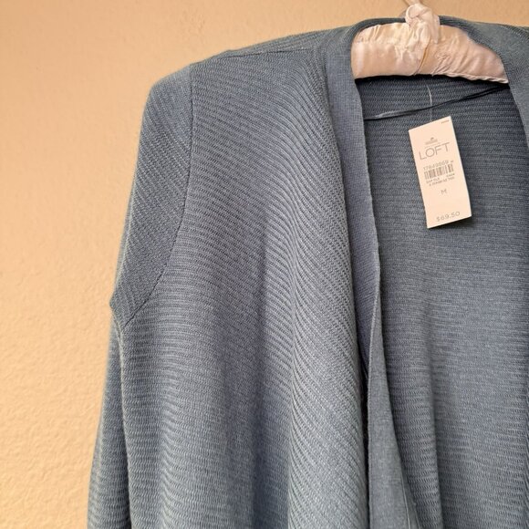 Women’s M Ann Taylor LOFT Blue Teal Knit Long Sleeve Waterfall Sweater Cardigan - Picture 2 of 8